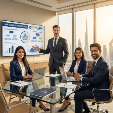 Indian business executives reviewing Dubai free zone options with VJM Global consultant