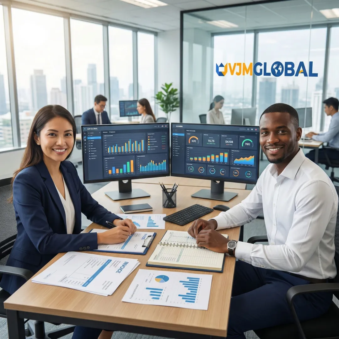 Professional accountants reviewing financial reports and digital dashboards for Singapore businesses
