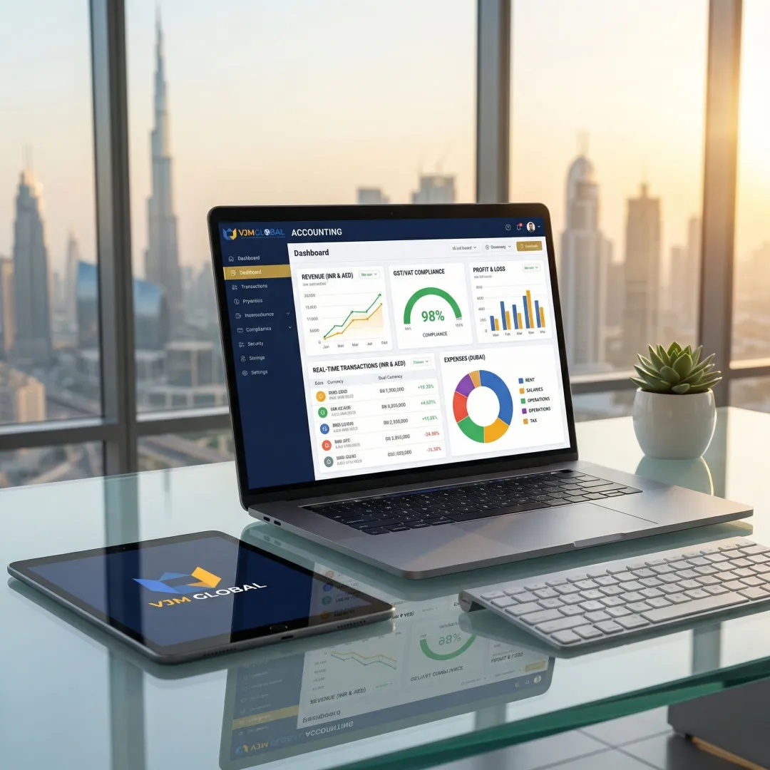 Financial dashboard displaying accounting data for Dubai-based Indian business