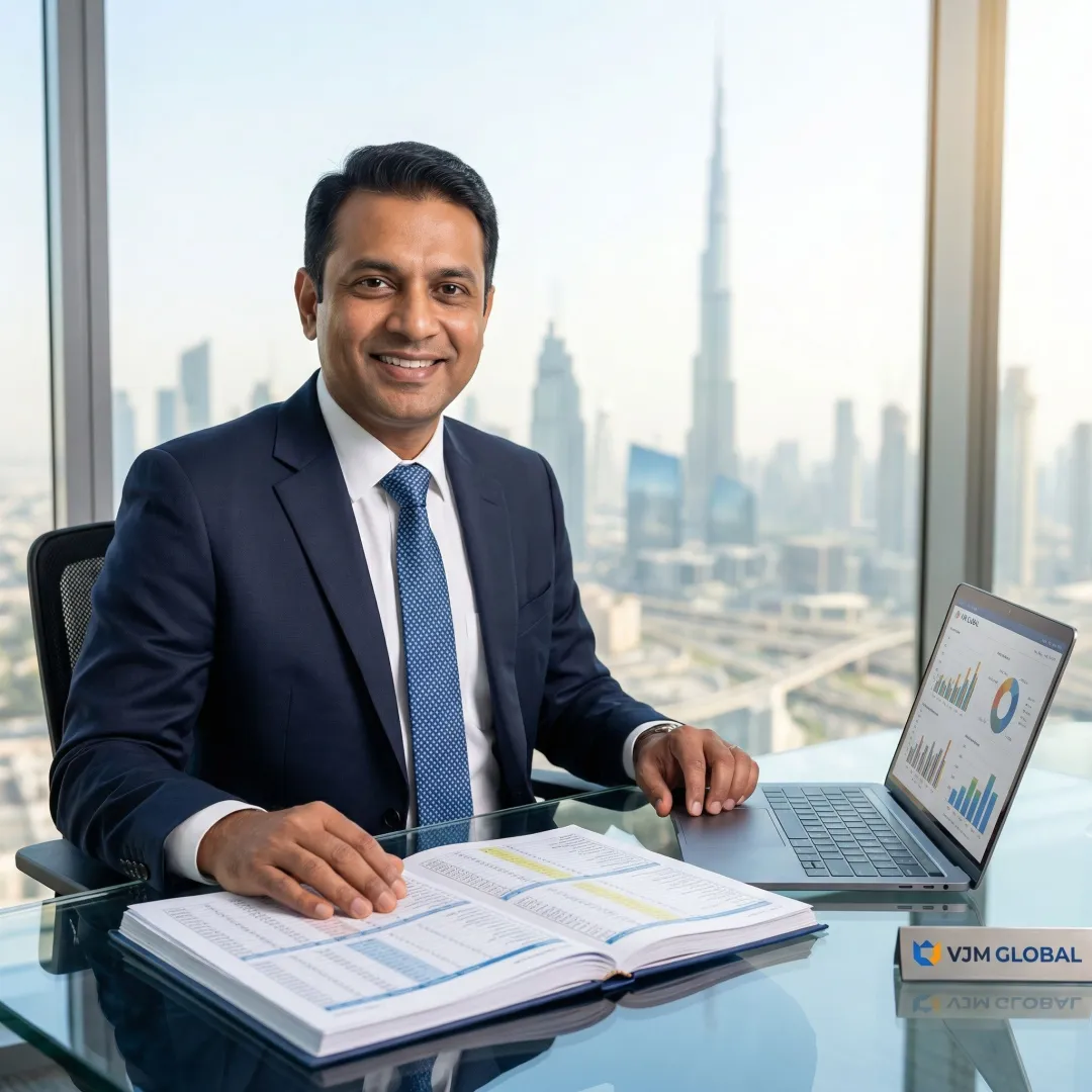 Professional bookkeeper reviewing financial documents in modern Dubai office