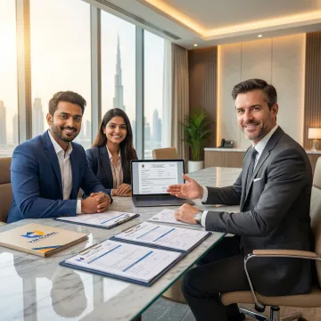 Indian business professionals meeting with PRO services consultant in Dubai office