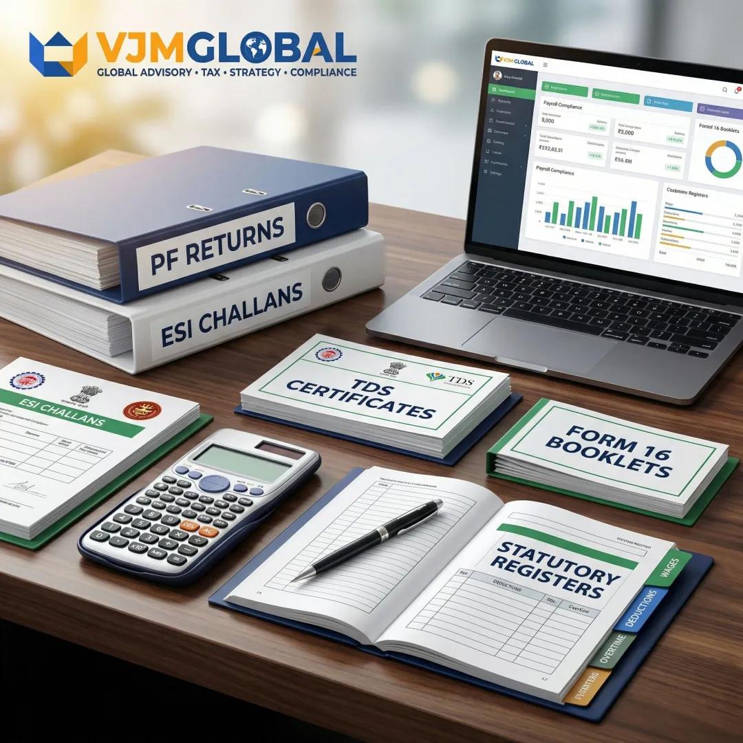 Payroll compliance documents and statutory filing reports for Indian workforce management
