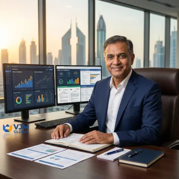 Tax consultant analyzing cross-border financial reports for UAE-India business