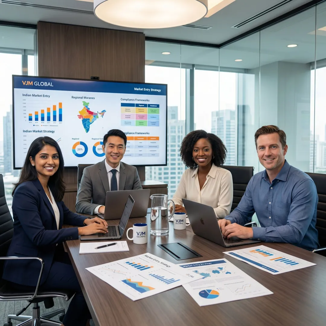 Business team collaborating on India market entry strategy with documents and digital screens