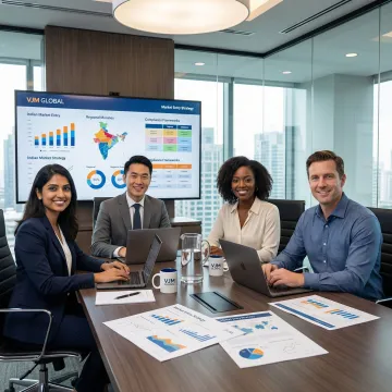 Business team collaborating on India market entry strategy with documents and digital screens