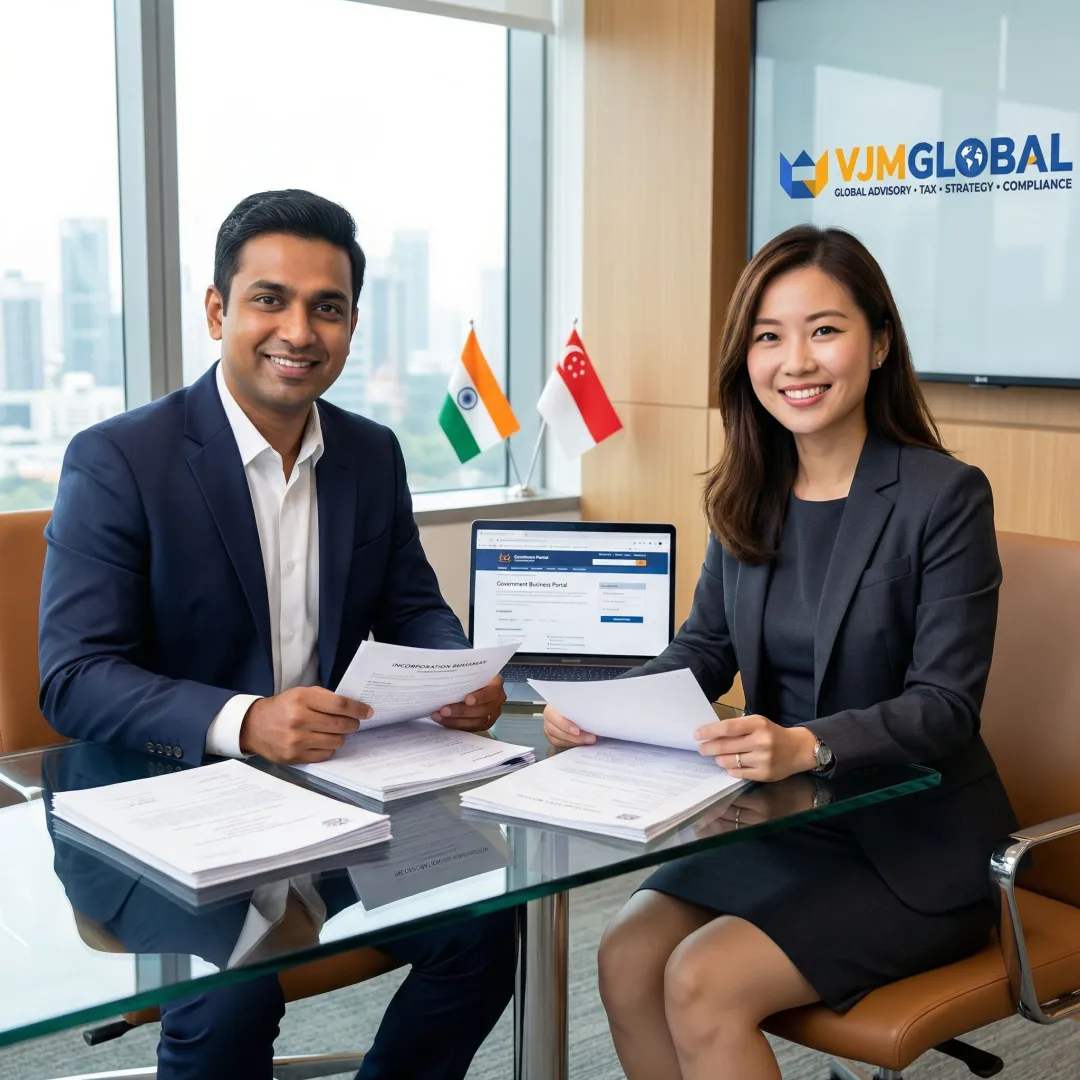 Professional business consultants reviewing company registration documents for Singapore clients entering Indian market