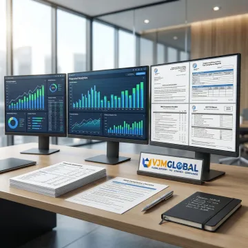 Accountant analyzing financial reports on dual monitors with Singapore business district in background