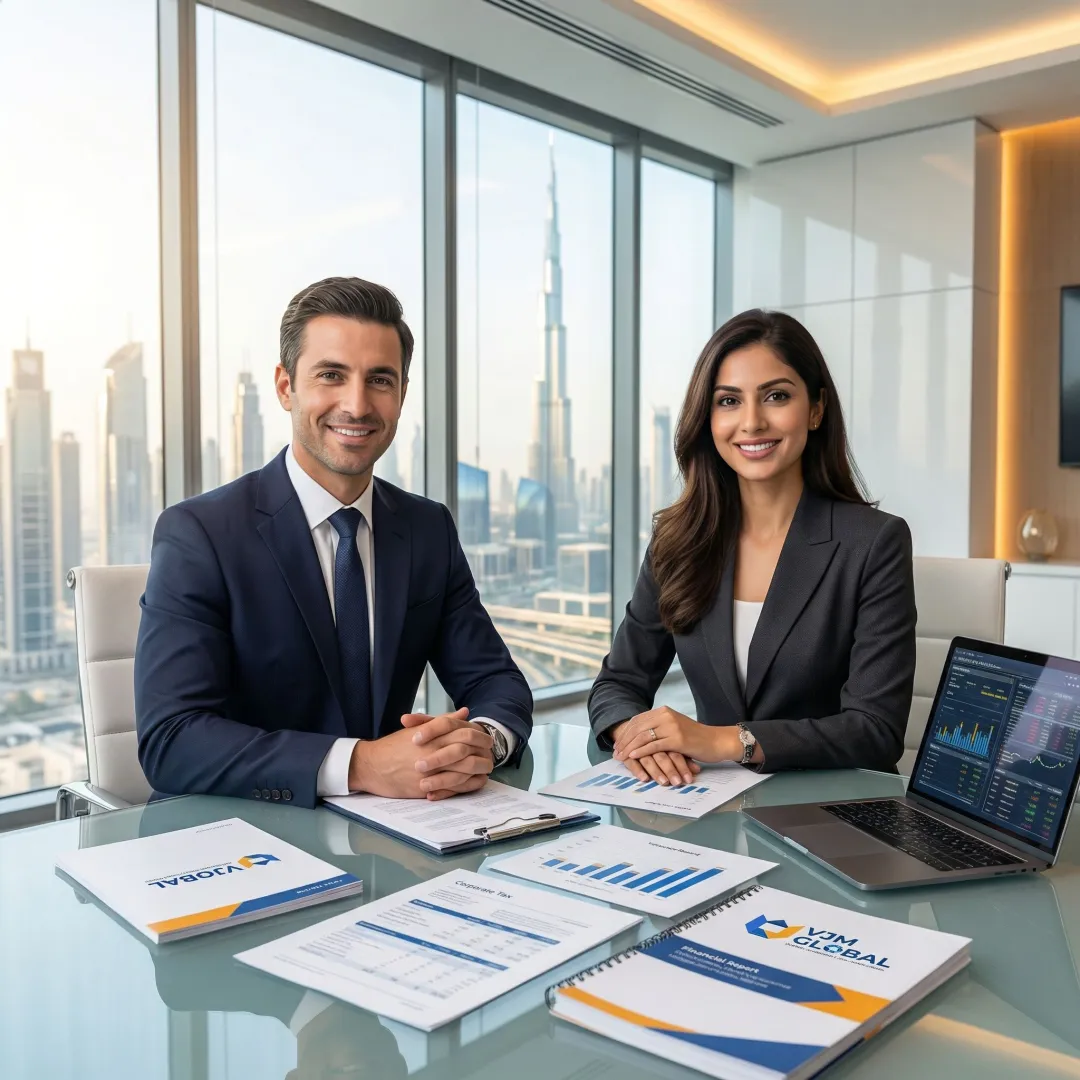 Professional corporate tax consultants reviewing financial documents for US company in modern Dubai office