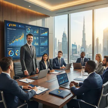 Corporate tax consultant presenting tax strategy to US business executives in Dubai boardroom