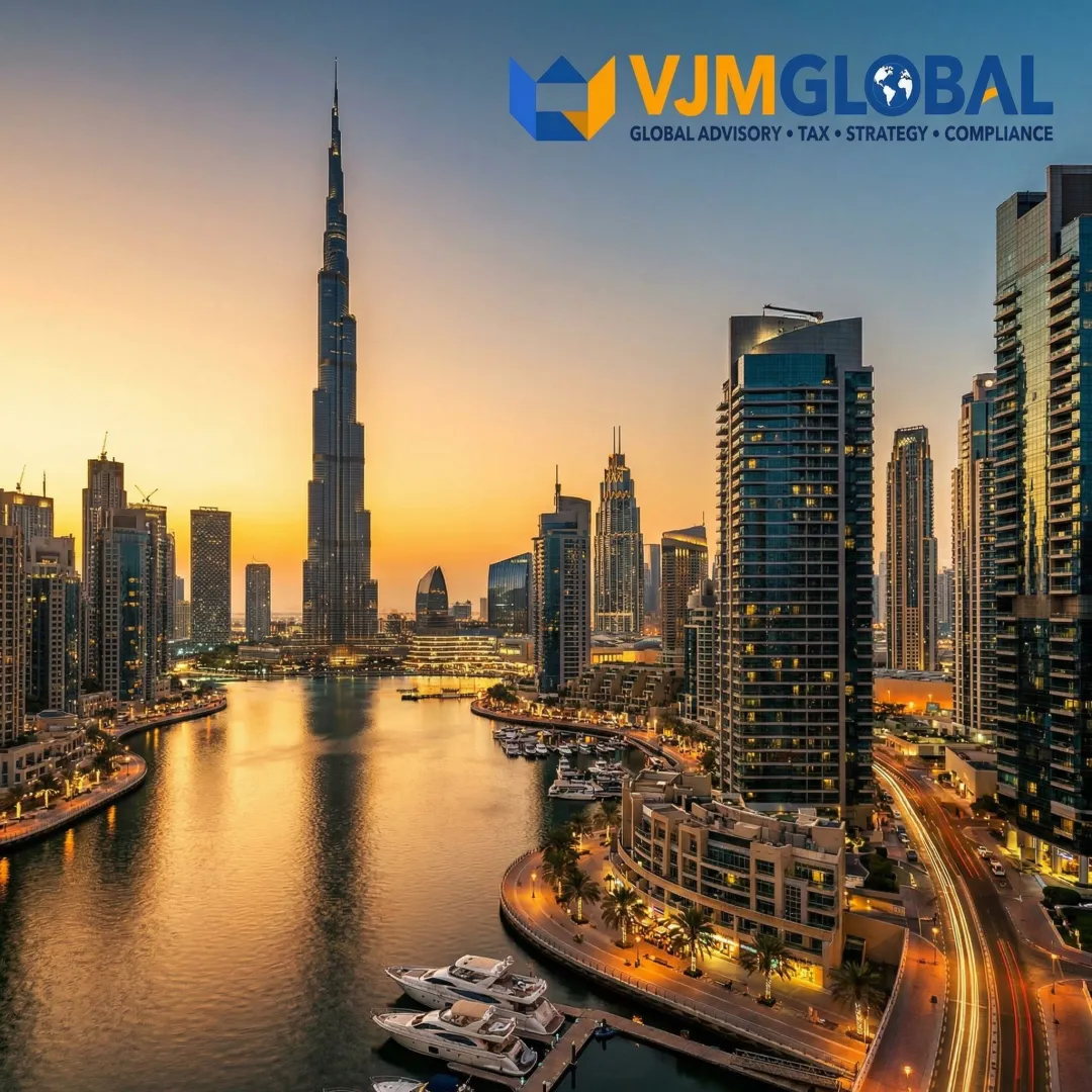 Modern Dubai skyline with business districts and offshore company formation concept