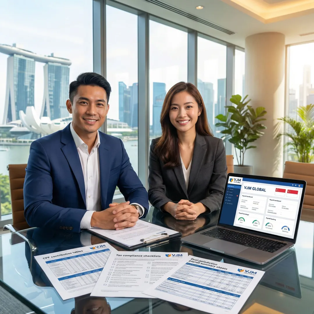 Payroll specialists coordinating US-Singapore employment compliance and reporting