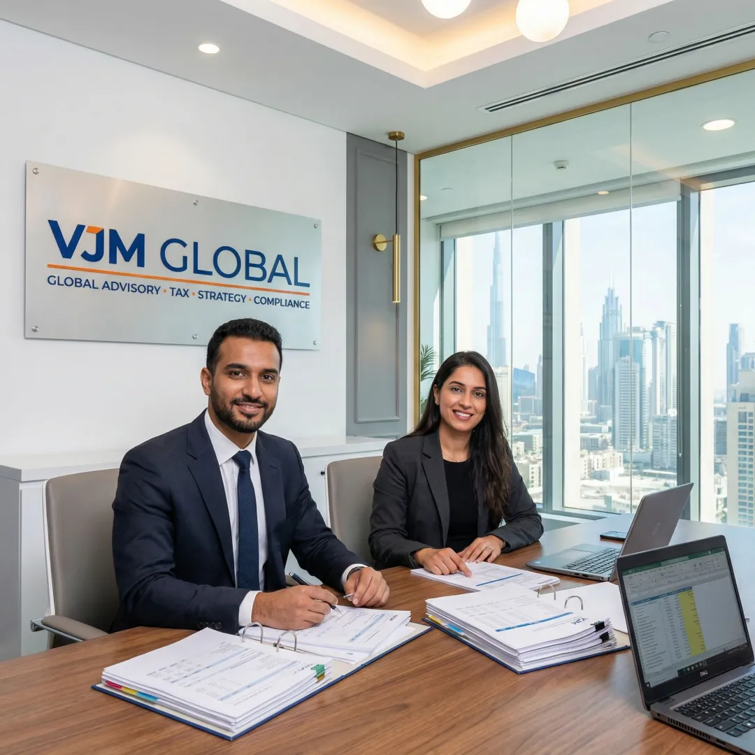 Professional audit team reviewing financial documents in a modern Dubai office setting