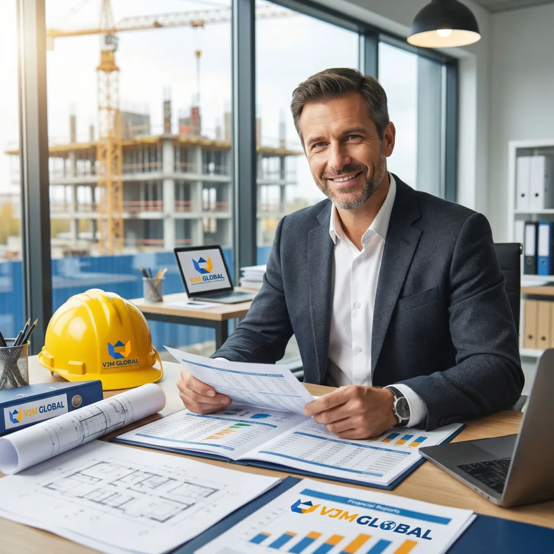 Construction accountant reviewing financial documents at job site with blueprints and equipment
