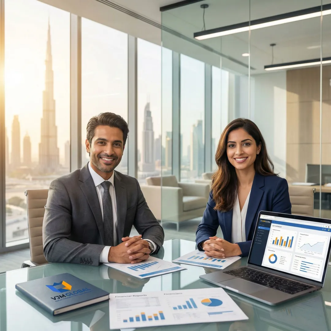 Professional auditors reviewing financial documents for Indian business in modern Dubai office