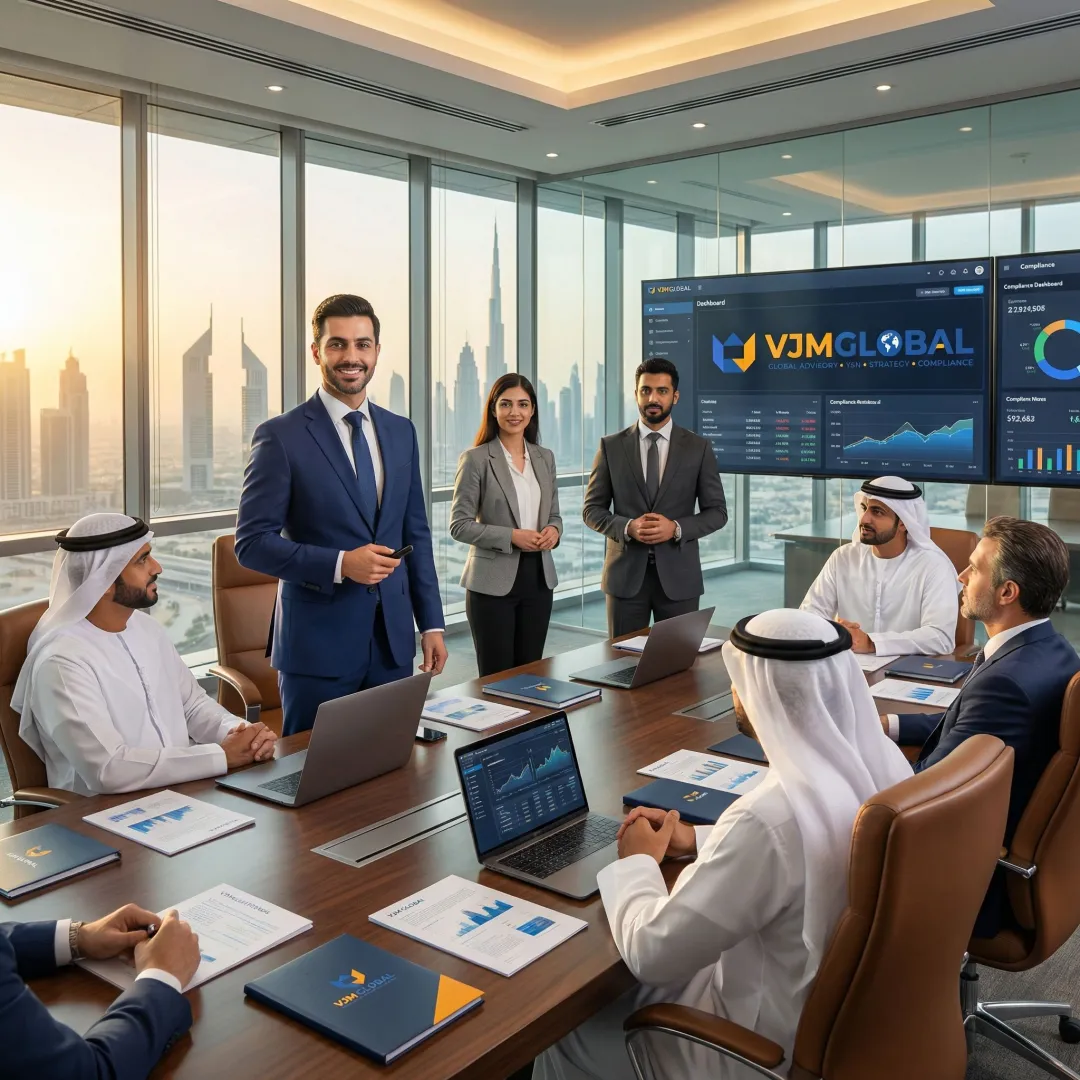 Chartered accountant presenting audit findings to Indian business owners in Dubai boardroom