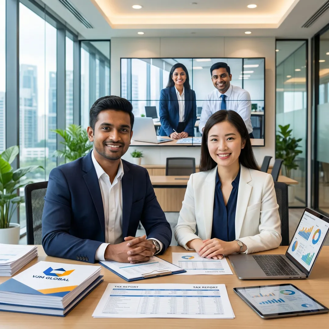 Singapore business professionals reviewing financial reports with Indian accounting team on video conference