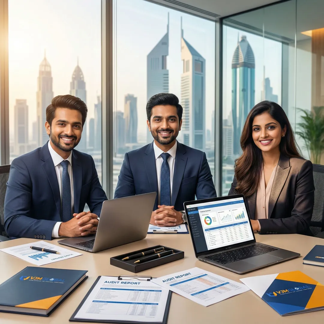 Professional auditors reviewing financial documents in modern Dubai office