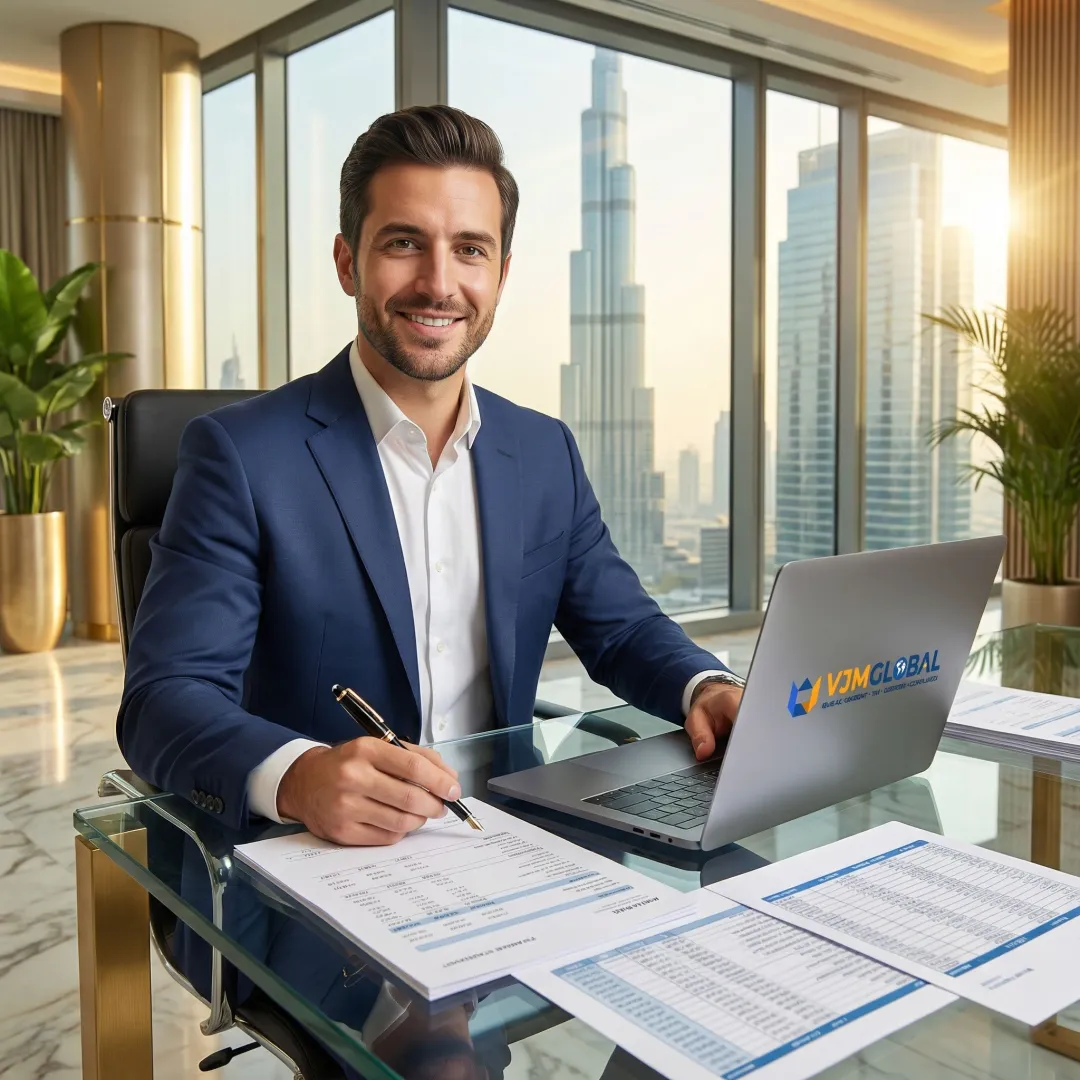 Professional accountant reviewing financial documents in modern Dubai office