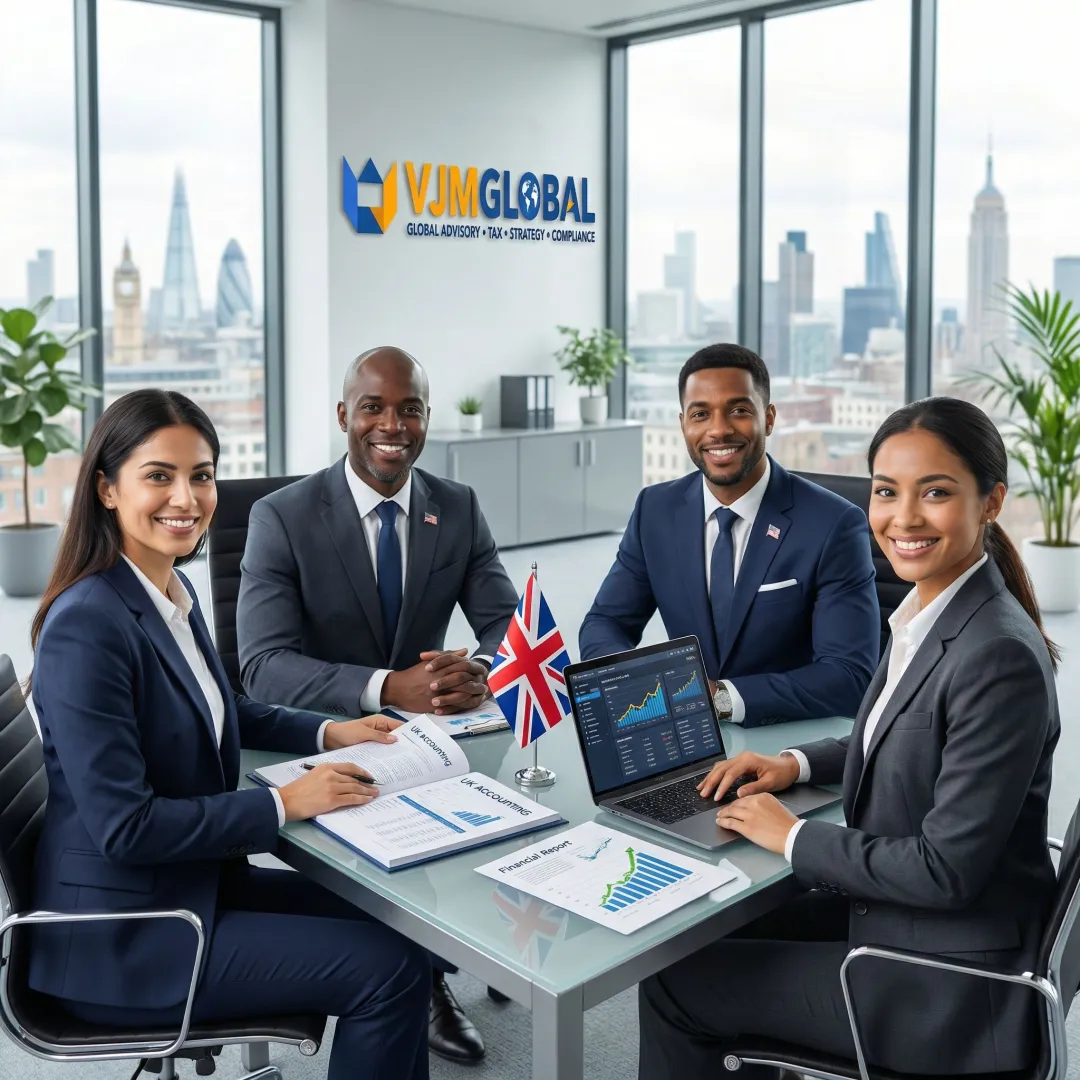 US business owner reviewing UK financial reports with accounting team