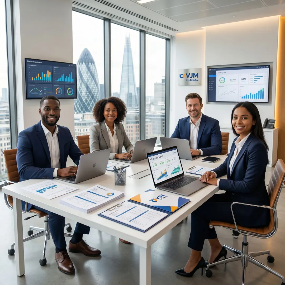 Professional accounting team reviewing financial documents for US business clients in London office