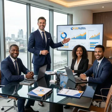 Chartered accountant presenting financial analysis to US business executives in London boardroom