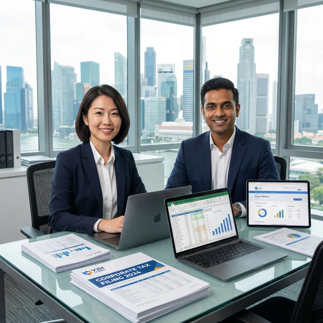 Professional tax advisors reviewing corporate tax documents for US company in Singapore office