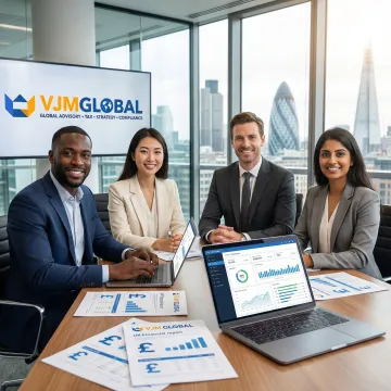 Business professionals reviewing UK accounting documents and financial analytics