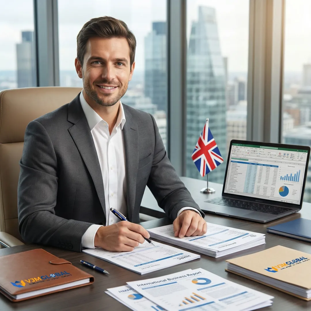 Professional accountant reviewing UK financial reports for Singapore business clients