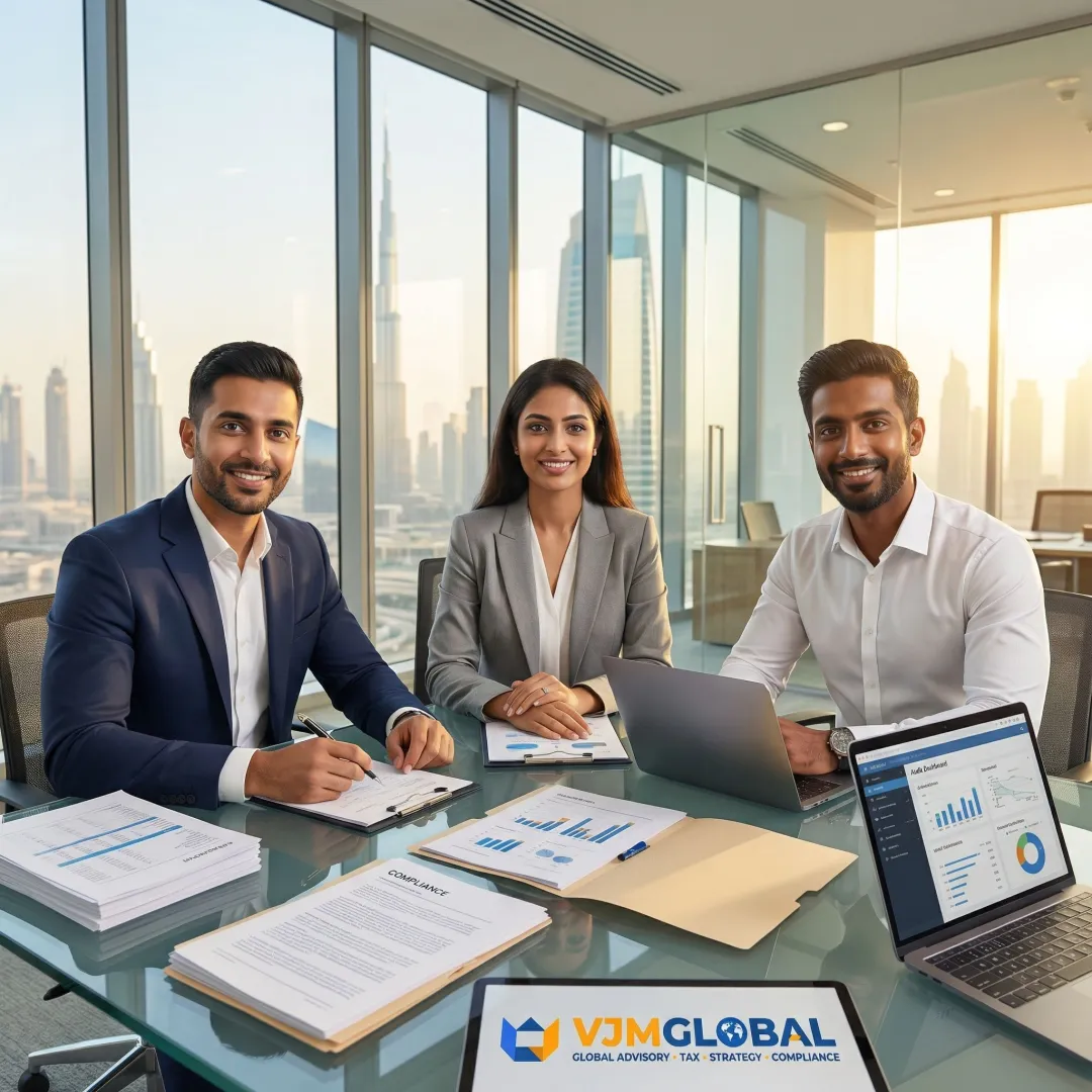 Professional auditors reviewing financial documents in modern UAE office