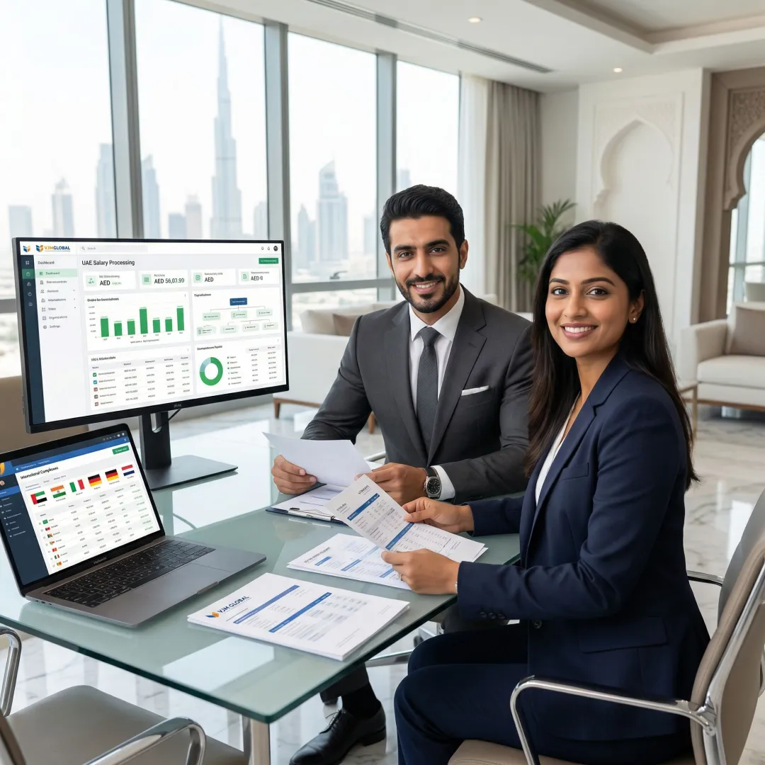 Professional payroll processing team working on UAE compliance for US companies