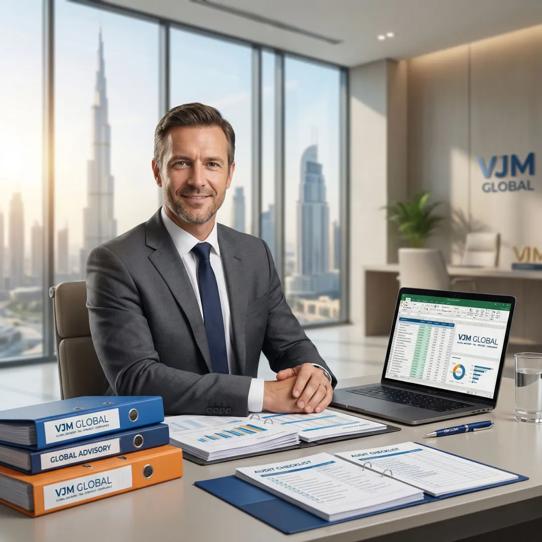 Professional internal auditor reviewing financial documents in modern UAE office