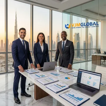 Audit team reviewing compliance documents with Dubai skyline view