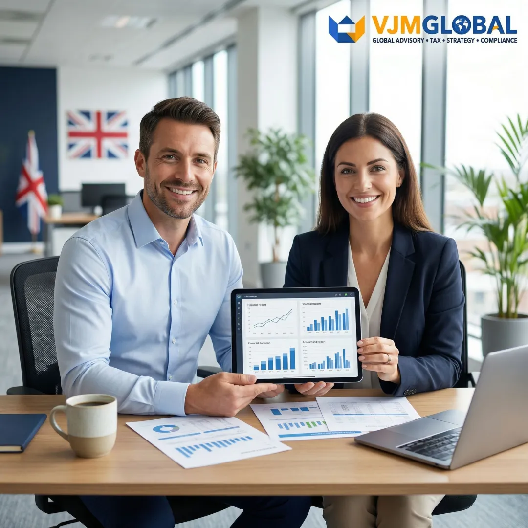UK business owner reviewing financial dashboard on tablet with accountant