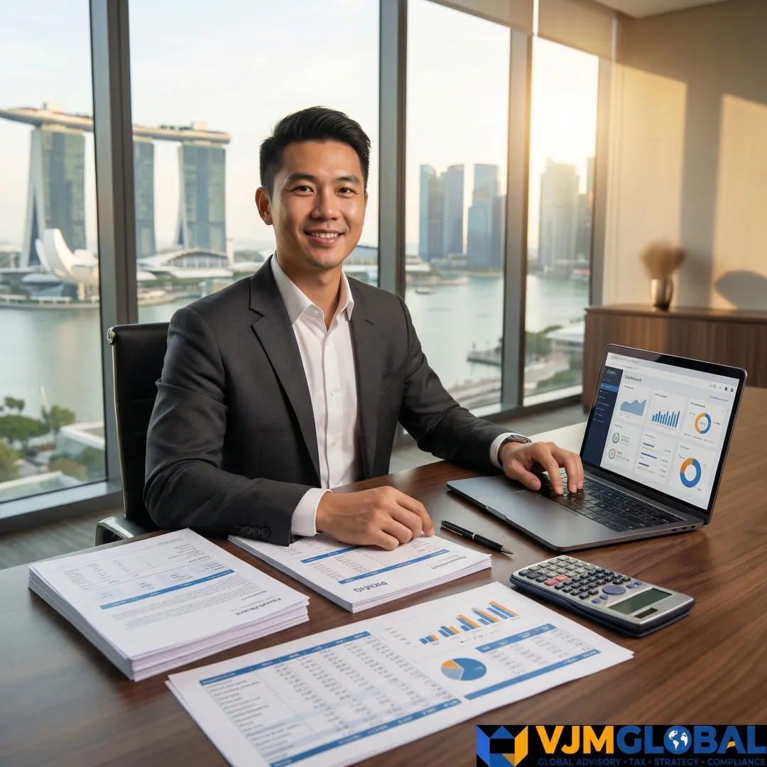 Professional accountant reviewing financial documents with Singapore skyline in background