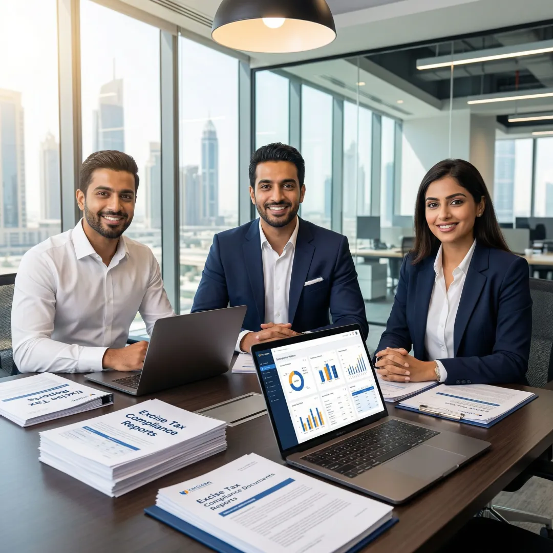 US business executives reviewing UAE excise tax compliance documents