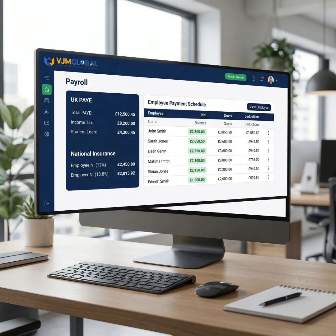 Digital payroll dashboard showing UK tax calculations and compliance reports
