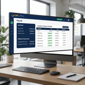 Digital payroll dashboard showing UK tax calculations and compliance reports
