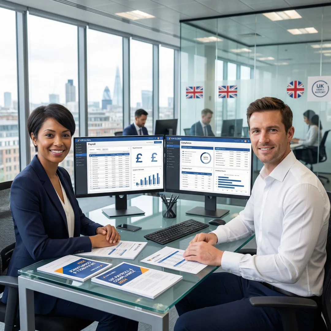 Professional team managing international payroll services for UK employees