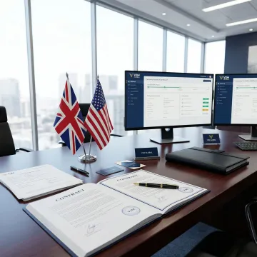 UK and US flags with corporate documents representing international business formation