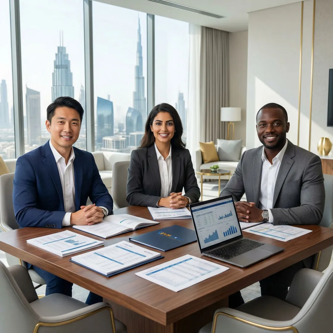 Professional auditors reviewing financial documents for US companies in UAE office setting