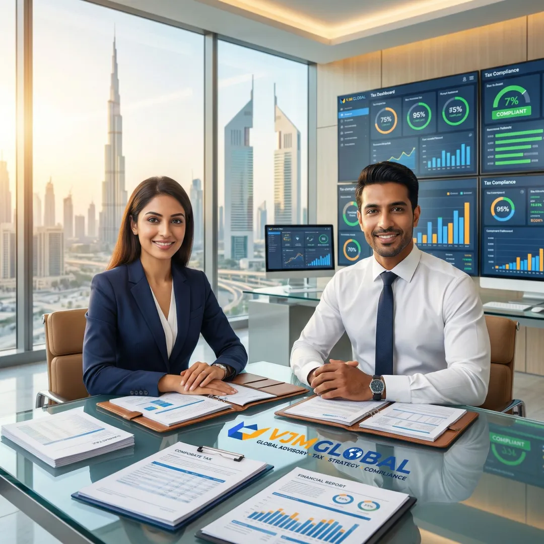 Professional tax consultants reviewing UAE corporate tax documents for US company compliance