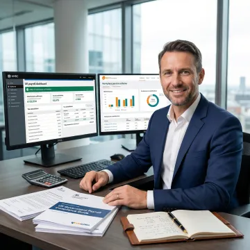 Payroll specialist reviewing UK compliance documents and digital reports