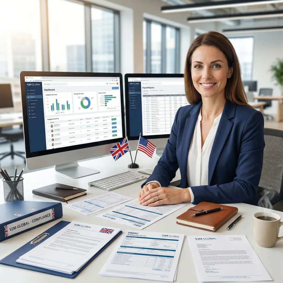 Professional payroll processing with UK and US business documentation