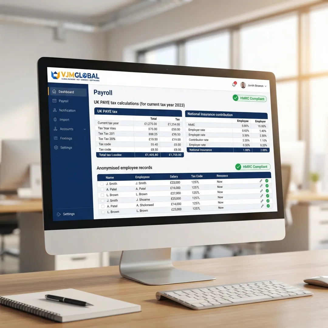 Modern payroll software dashboard showing UK tax calculations