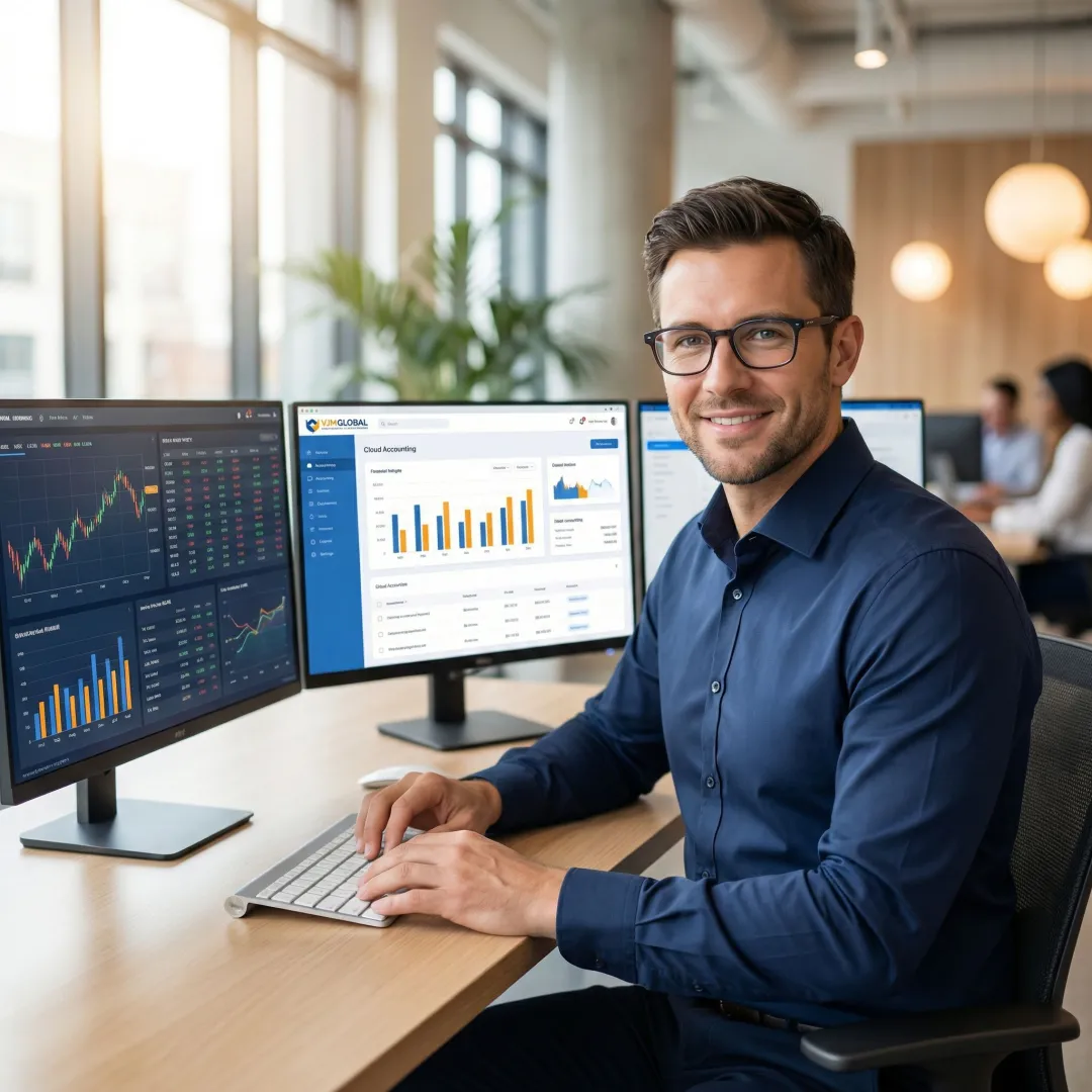 Chartered accountant analyzing financial dashboards and cloud-based accounting software