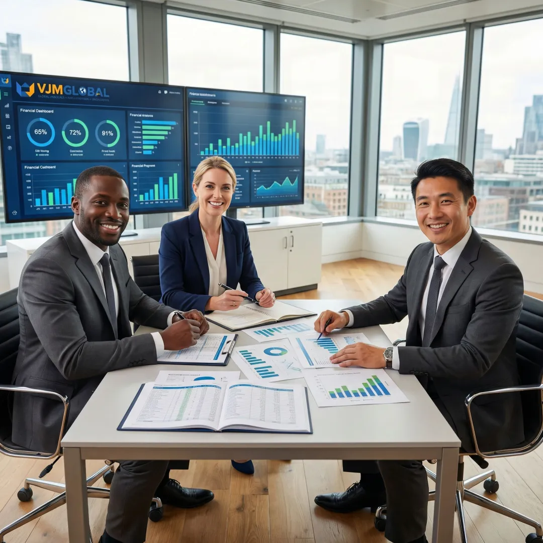 Professional accounting team reviewing financial documents in modern UK office
