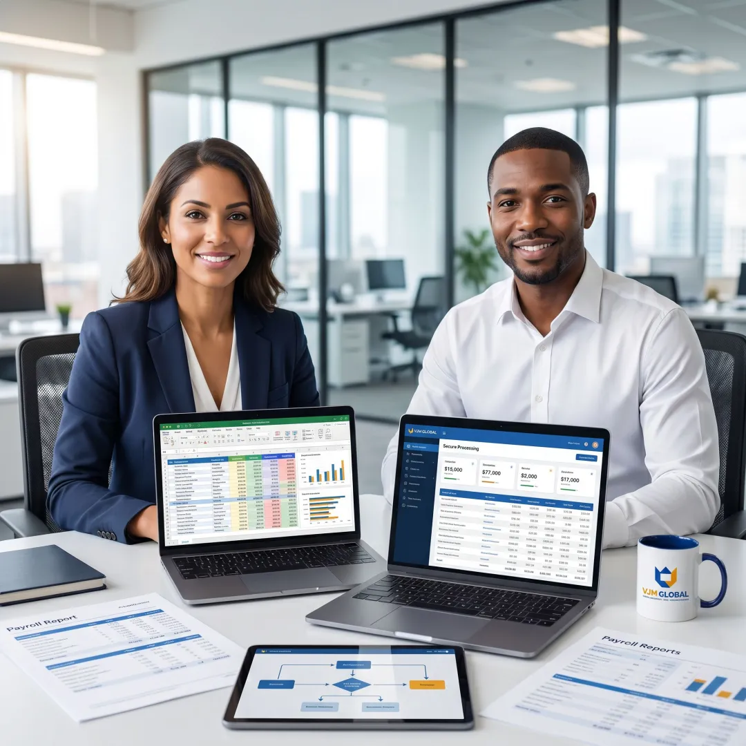 Payroll professionals managing outsourced payroll services