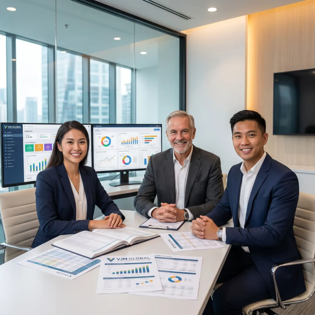 Finance team reviewing reports for Singapore business