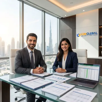 Consultants reviewing due diligence documents in Dubai