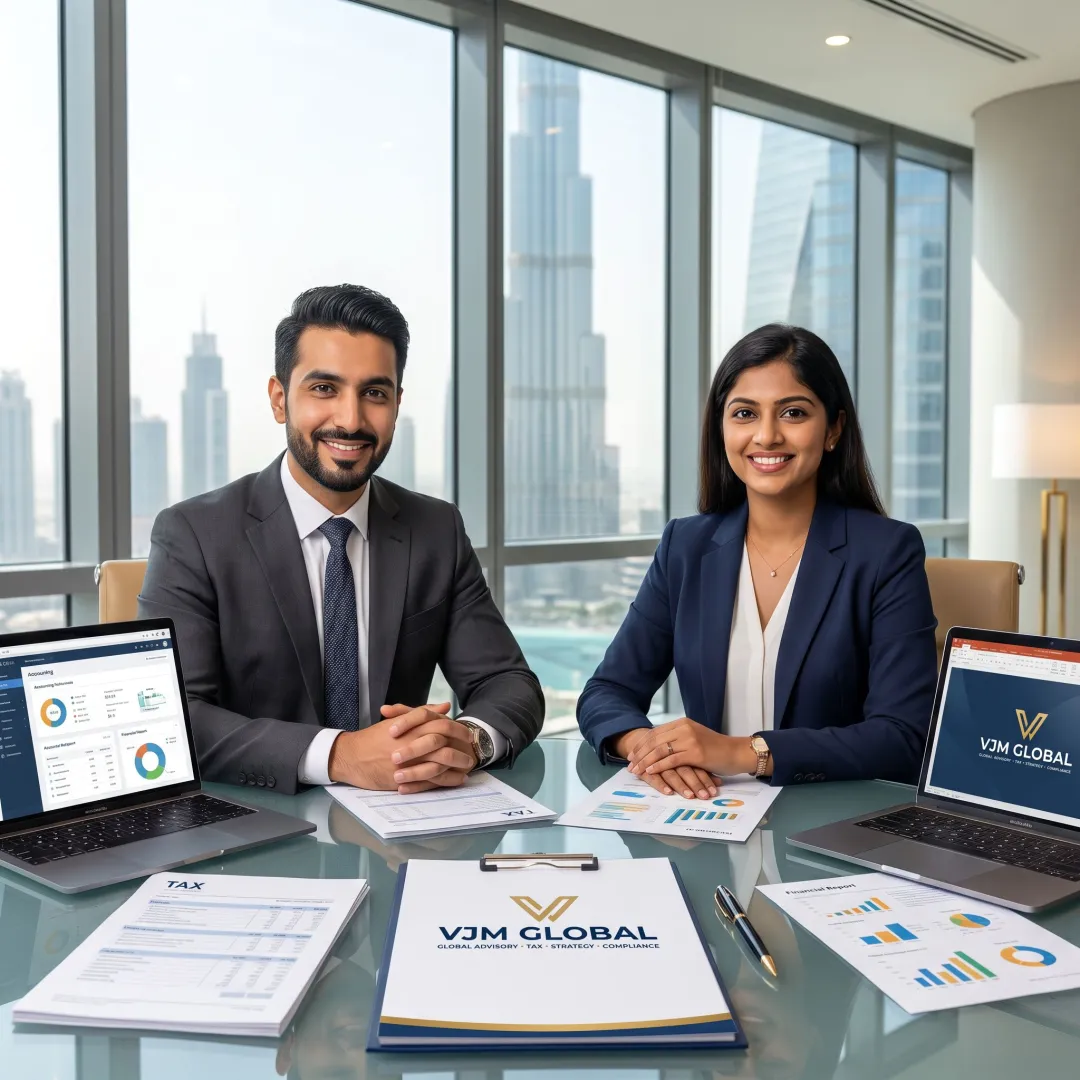 Accounting consultants reviewing financial reports in Dubai